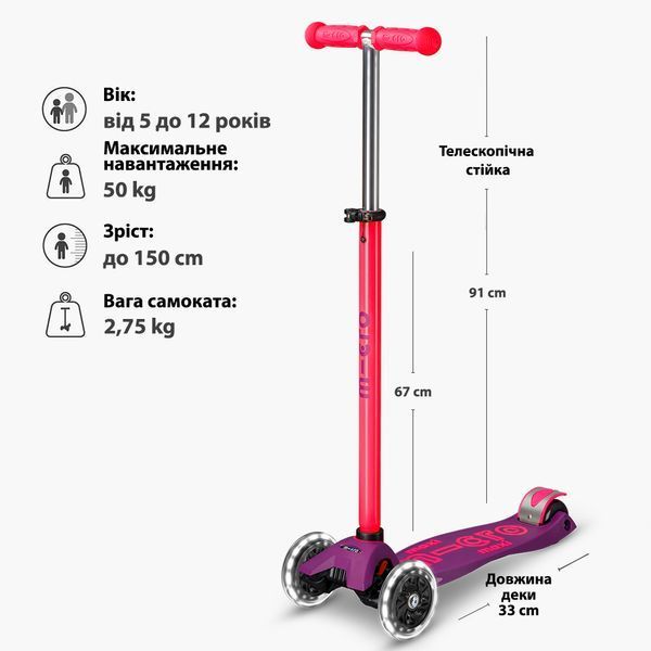 Самокат Micro серії Maxi Deluxe Neon LED &ndash; Ультра рожевий MMD233 фото