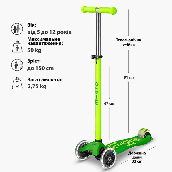 Самокат Micro серії Maxi Deluxe Neon LED &ndash; Зелений папуга MMD232 фото